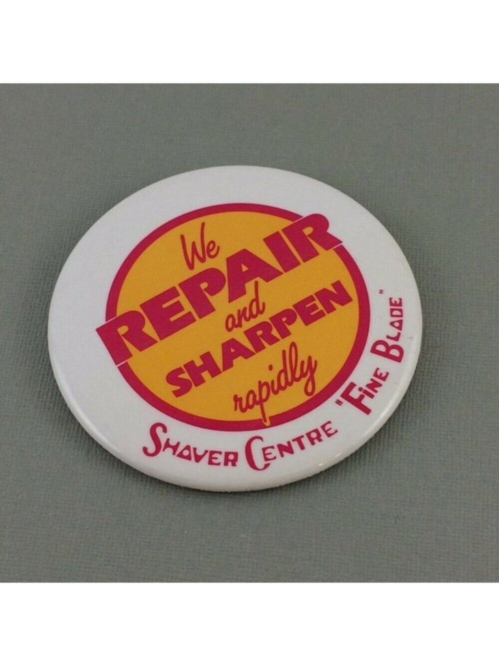 Vintage Shaver Centre 3.5" Pinback Button Advertisement Repair Sharpen Badge